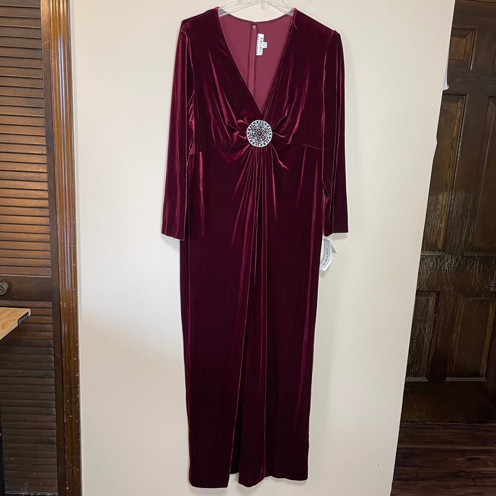 Chetta B Women Bordeaux Velvet Maxi Dress Brooch Empire Waist 18W Burgundy